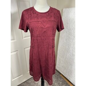 Chelsea & Violet Burgandy Faux Suede Laser Cut Dress Short Sleeve Casual Size‎ L